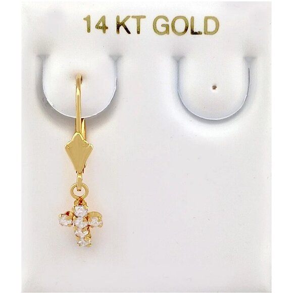Created White Sapphire Cross Dangling Earrings 14k Yellow Gold